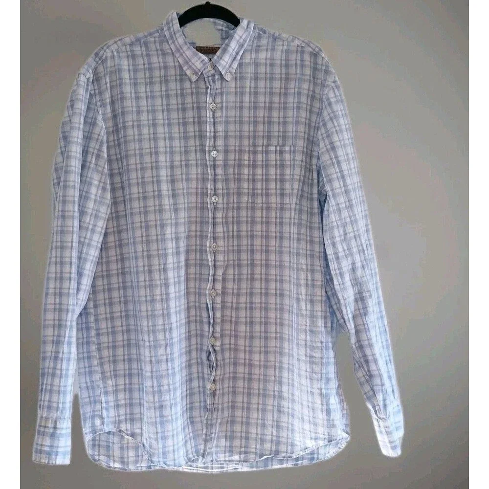 Pronto Uomo Mens Blue/White Plaid Shirt 2XL 100% Cotton Long Sleeve Button-Down